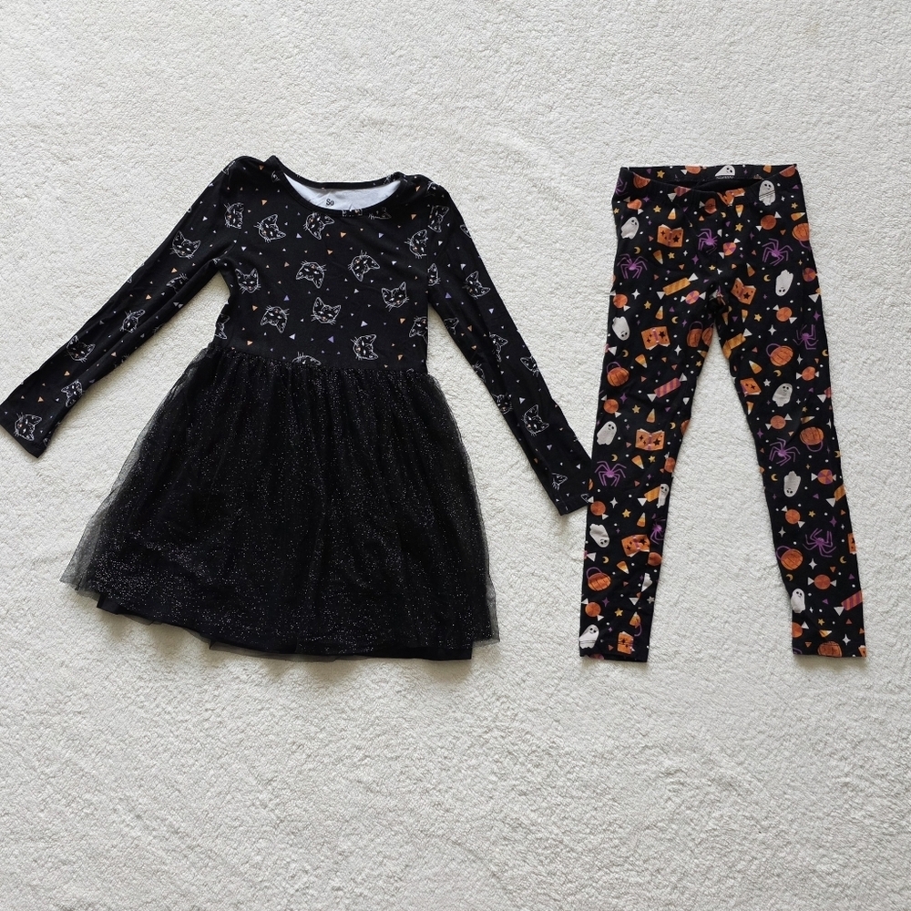 Girl's Halloween tutu dress & leggings bundle, size M (8), black cat, ghost, boo